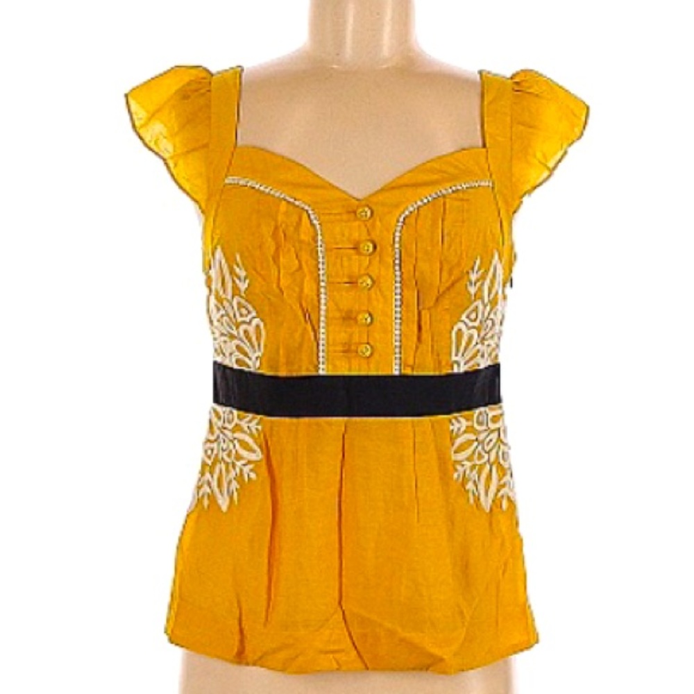 Anthropologie Floreat Embroidered Blouse Yellow With Belt Faux Buttons Side Zip